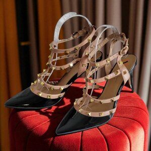 Nicole Miller Black & Nude Studded Strappy Pointed Toe Heels -US 7